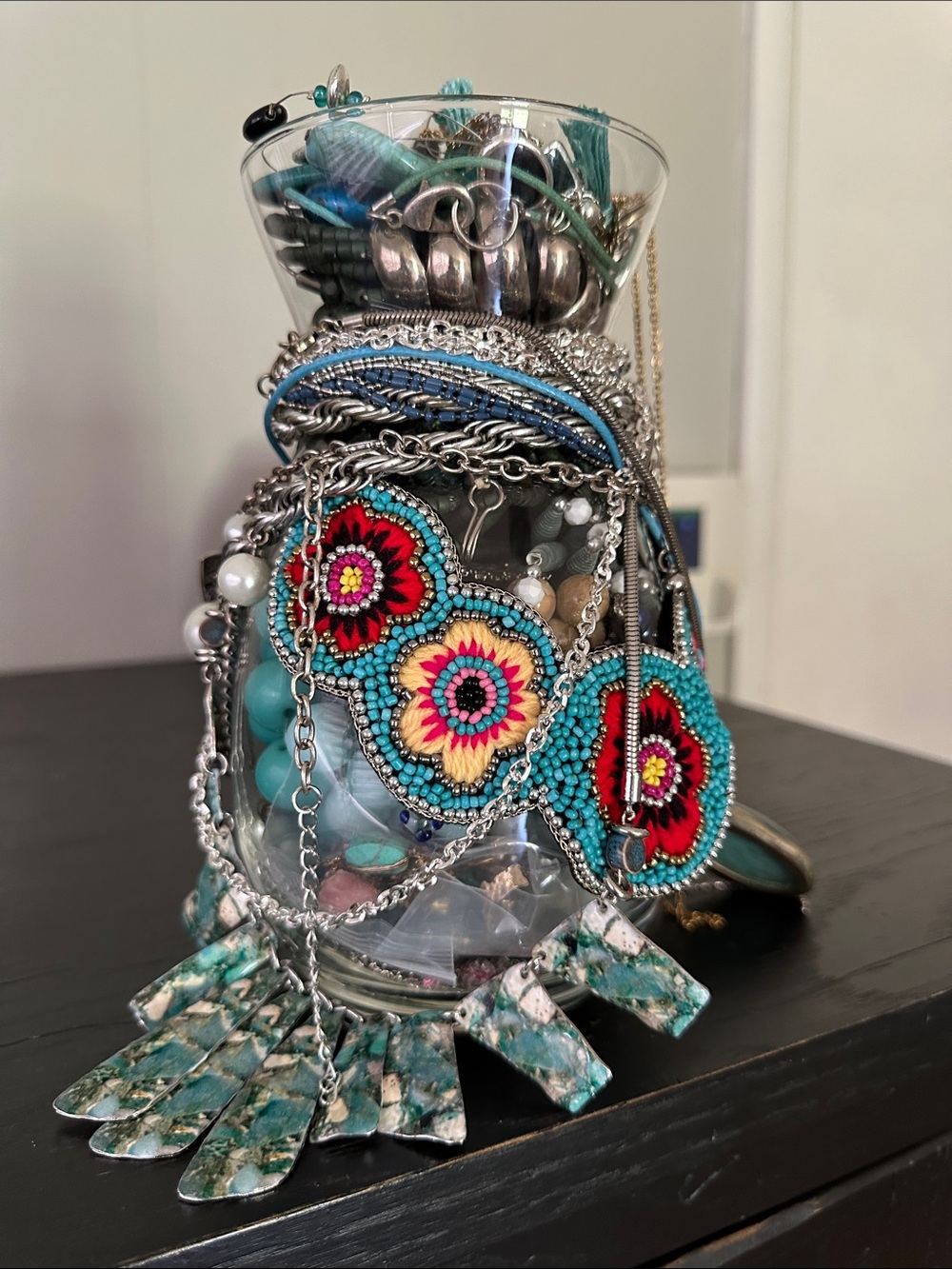 Colorful Mystery Jewelry Jar In Shades of Turquoise & Red
